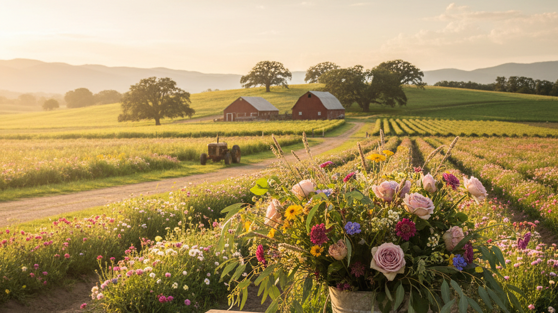 Lush rustic bouquet in a farm setting
